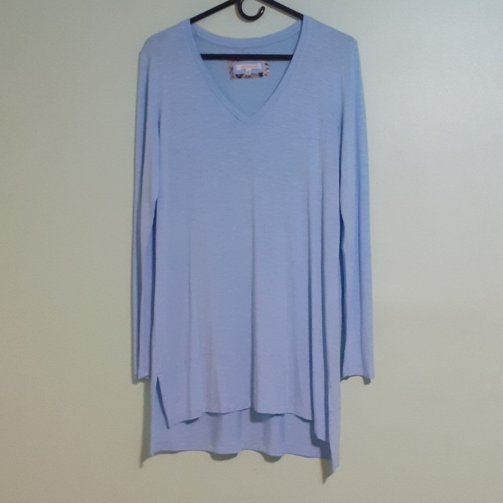 Longline Sky Blue Long Sleeve Tunic with high low hem, Medium